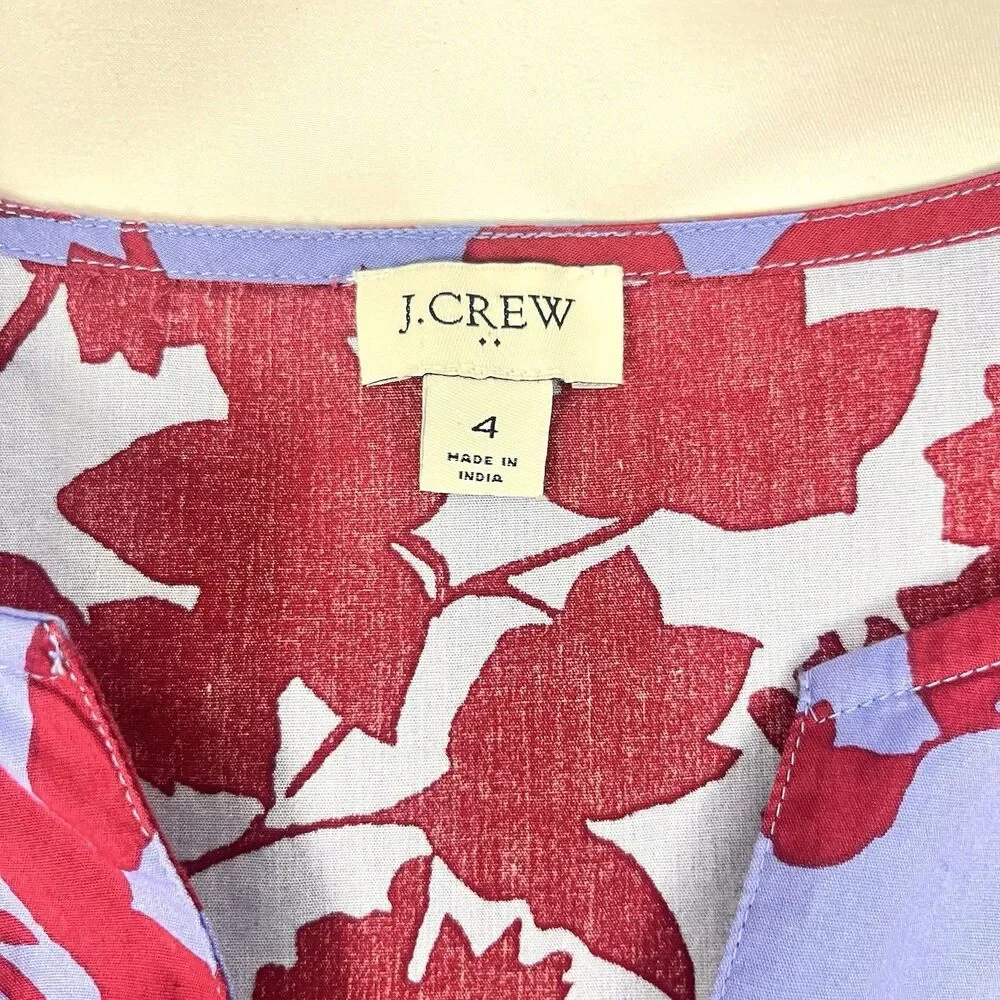J.Crew Dress Size 4 Purple Red Floral Midi Ruffle Sleeve Cotton Tiered Casual